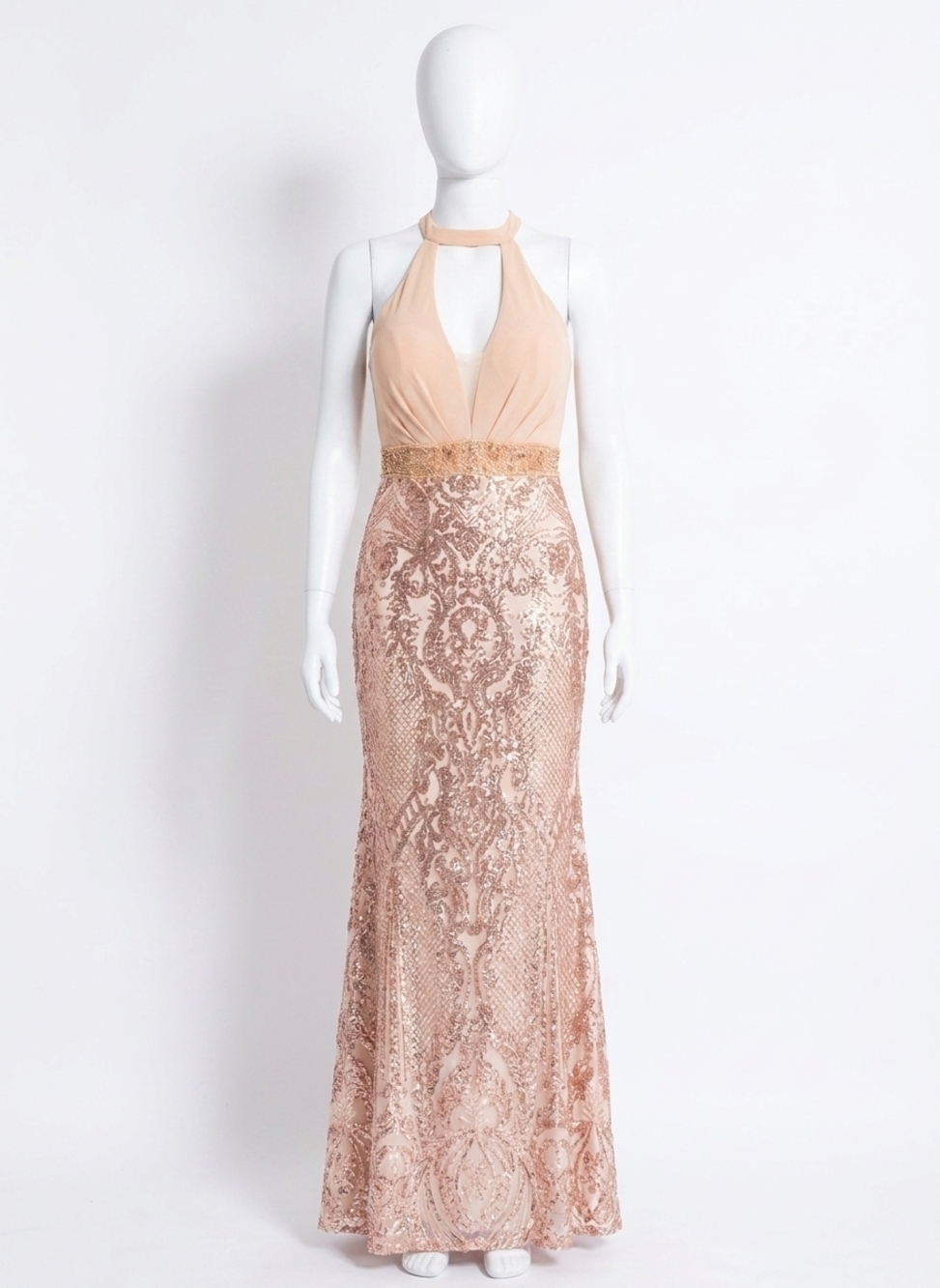 NEW RACHEL ALLAN plunging neckline sequin prom dress - plus in champagne